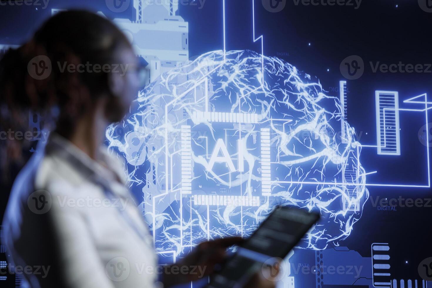 System administrator updates neural networks made of interconnected nodes, writing intricate binary code scripts on tablet. High tech facility worker uses programming to upgrade AI simulation model photo