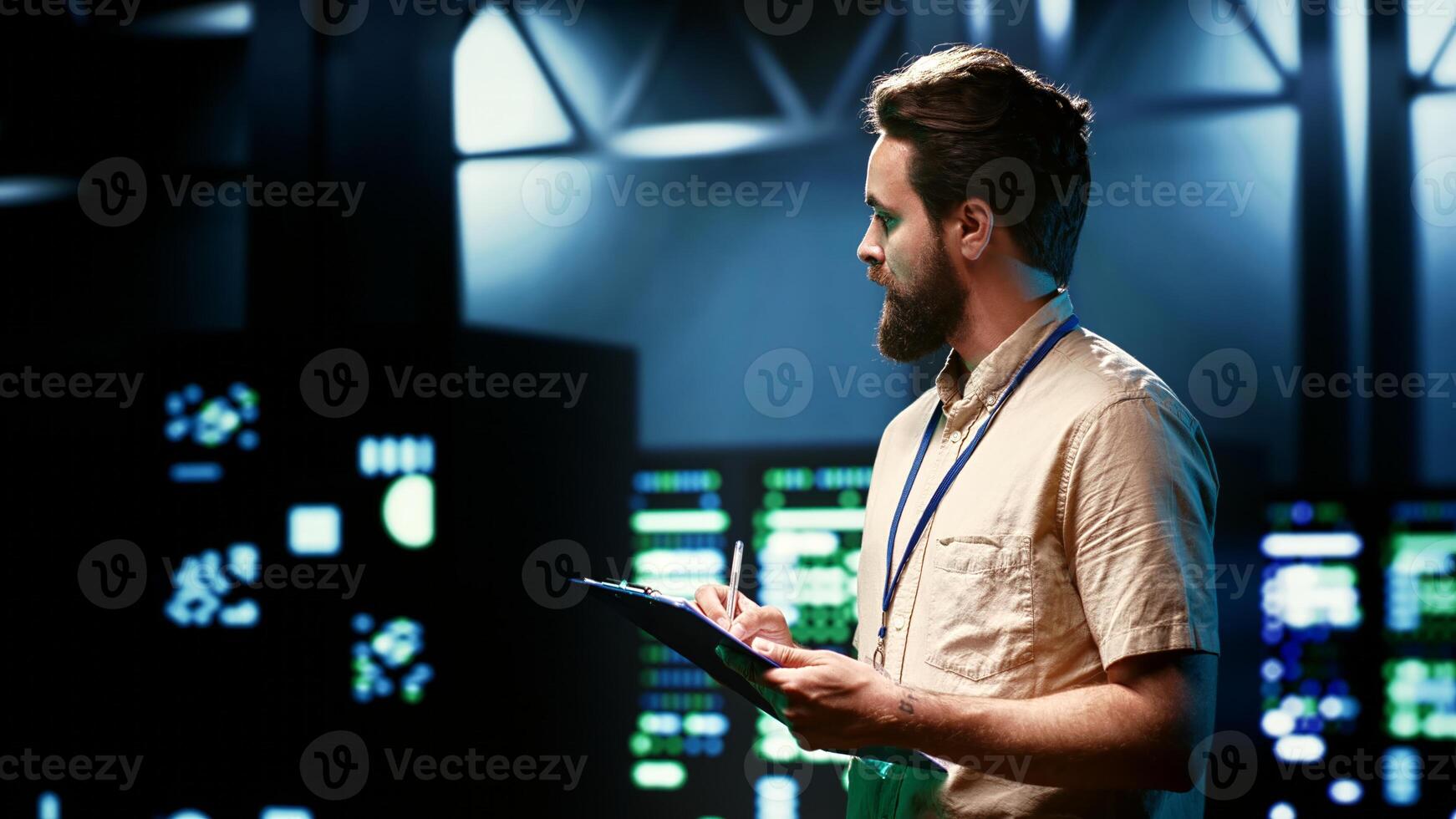 Admin walking in data center supporting AI through high performance computing, hosting specialized storage and networking hardware. Engineer ensuring server room internal hardware functions properly photo