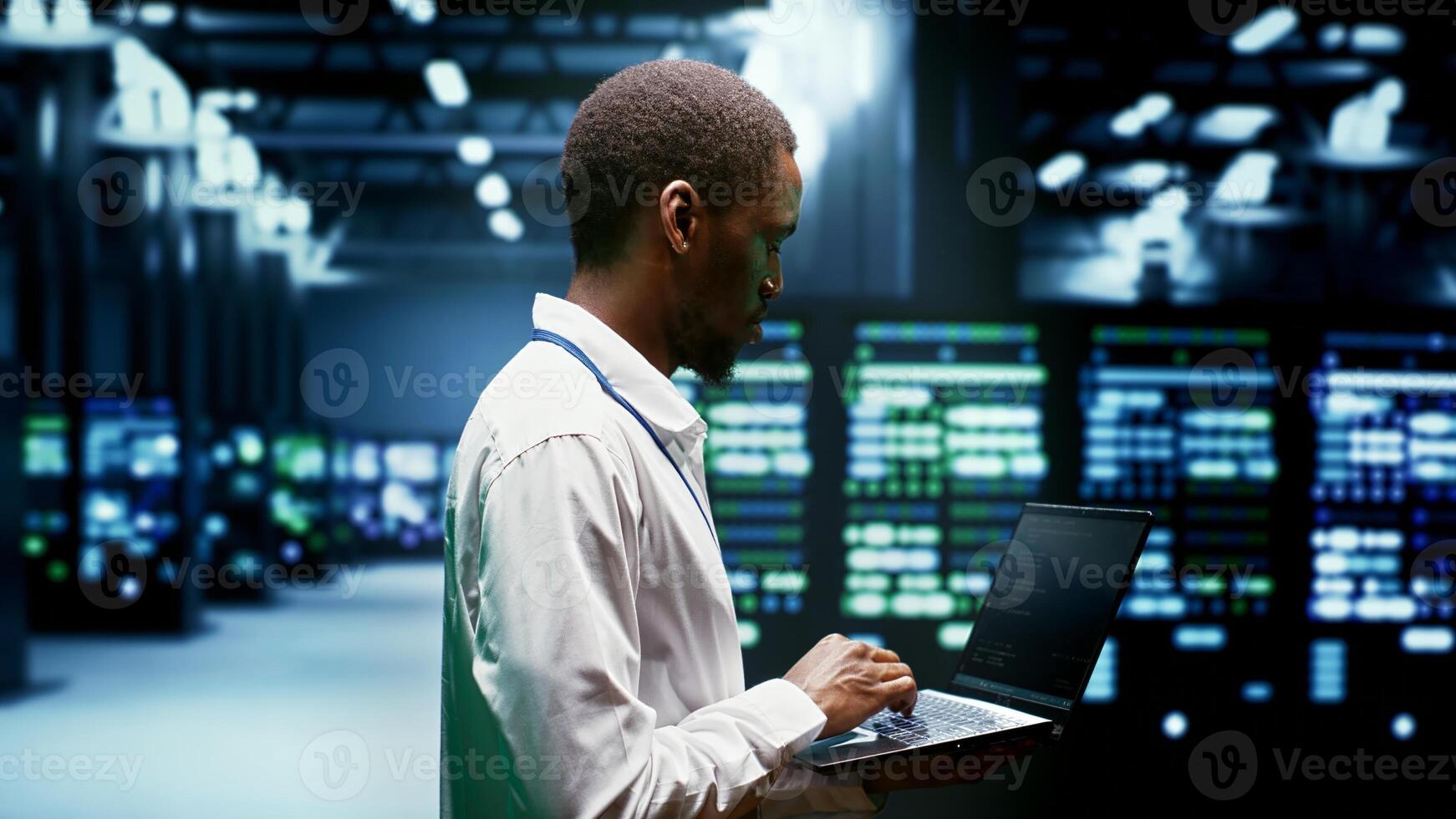 Supervisor monitoring crypto mining supercomputers solving complex mathematical equations. Admin in server farm hosting blockchain technology high volume real time transactions photo