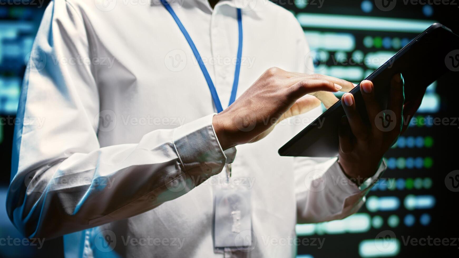 Admin in cloud computing business walking through server clusters used for computationally intensive tasks such as weather simulations. Supervisor doing yearly equipment inspection, close up photo