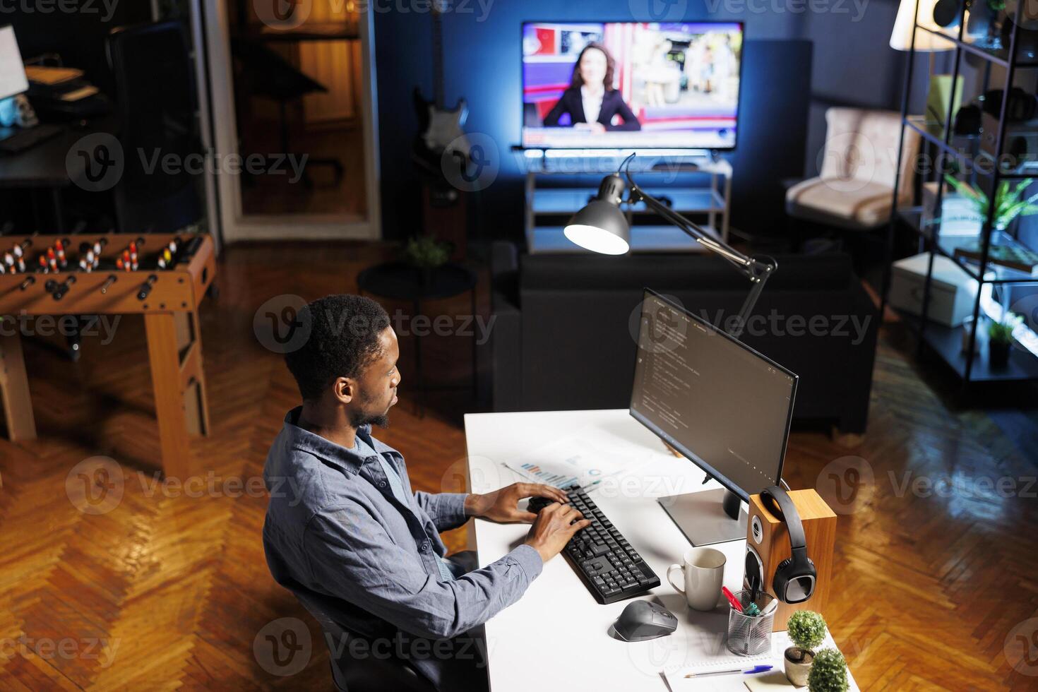 On terminal window, server technician optimizing program and integrating HTML tags with IT technical language. Database confidentiality is handled by self employed software developers. photo