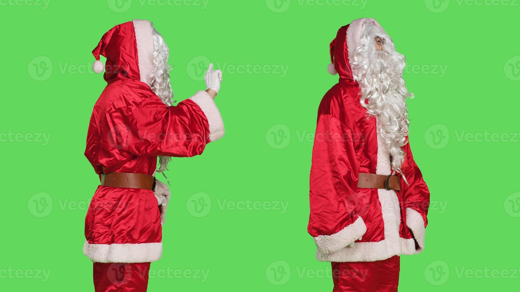 Saint nick cosplay showing no sign on camera, advertising negativity while he is dressed like festive cheerful santa claus. Father christmas acting frustrated and disappointed. photo