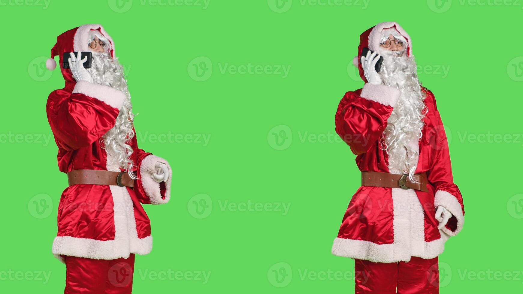 Man santa claus cosplay on phone call using remote chat on smartphone while he is wearing famous red and white costume. Saint nick character using mobile phone line to talk, greenscreen. photo