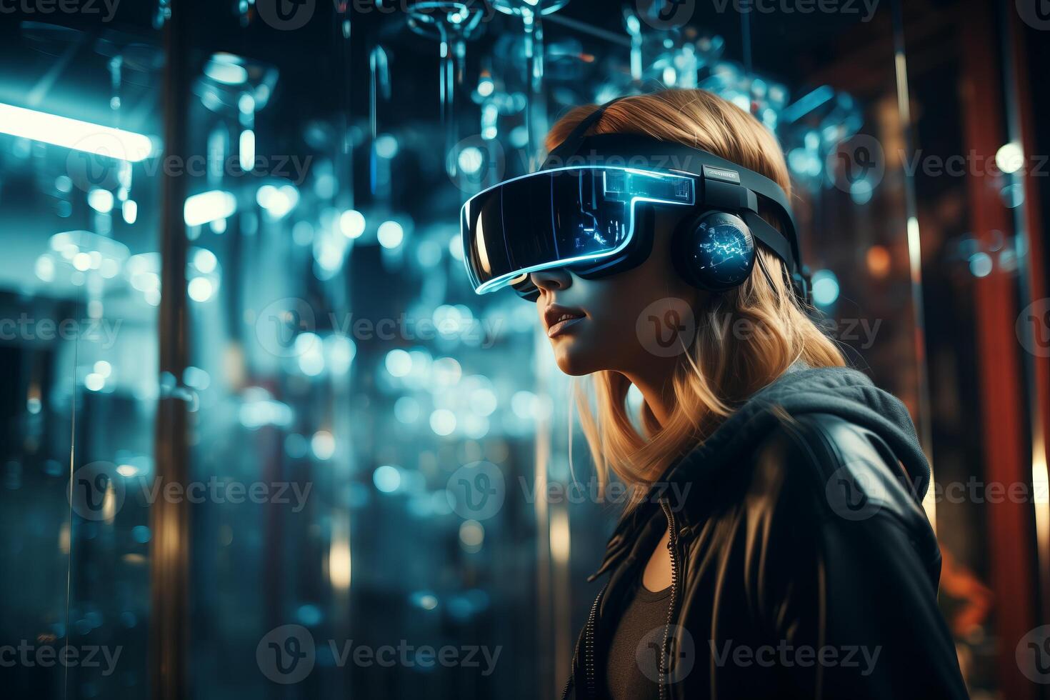 A woman immersed in virtual reality and augmented technology, wearing a headset and interacting with the digital world. photo