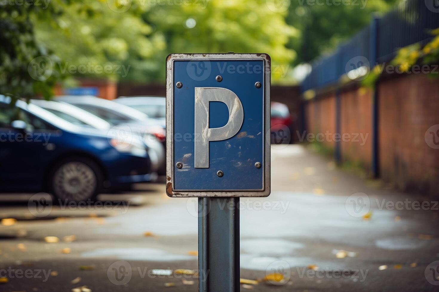 A parking sign stands in front of a row of parked cars in a lot. The vehicles are neatly aligned next to each other in an organized manner. photo