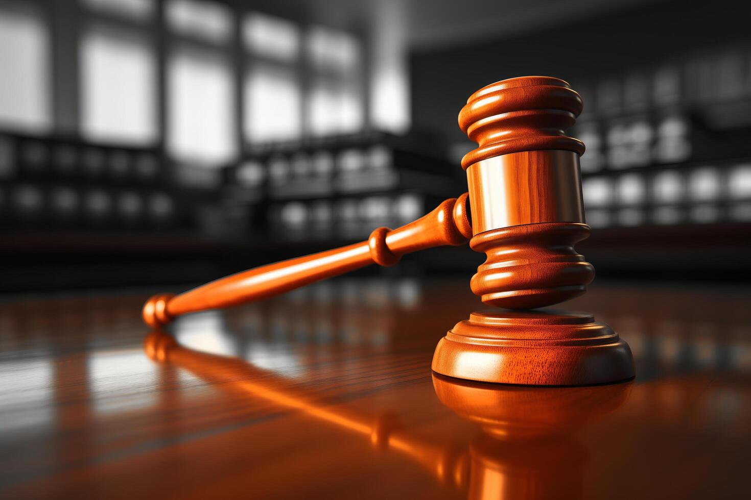 A wooden judges hammer rests on top of a wooden table, in a legal setting. photo