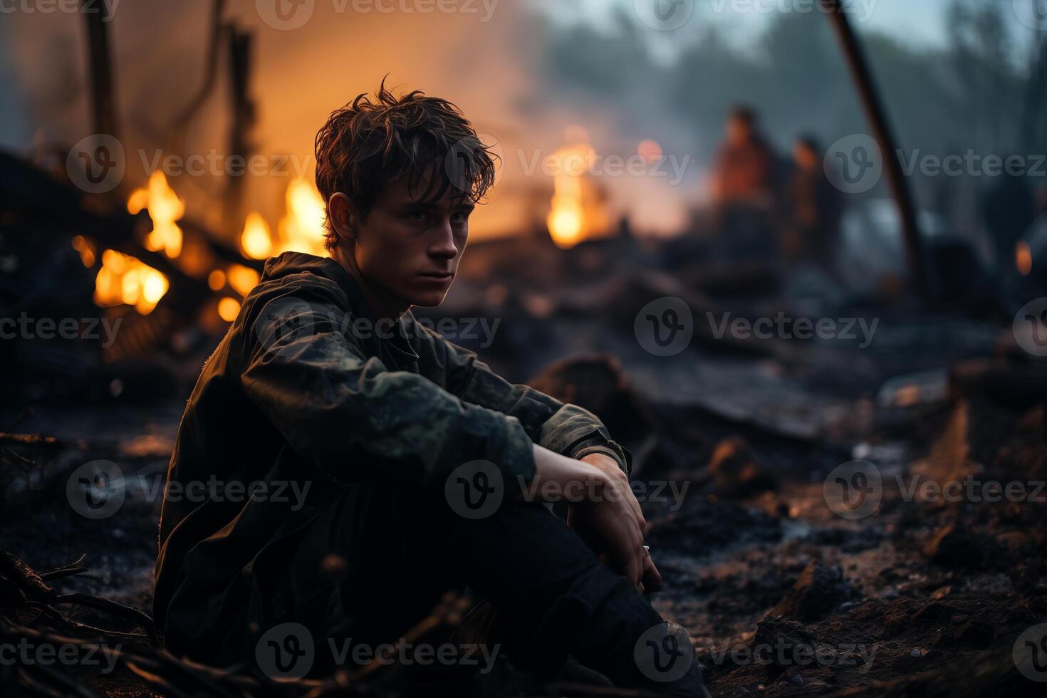 As dusk falls, a hapless young soldier sits on the charred ground, surrounded by the remnants of a recent conflict. photo
