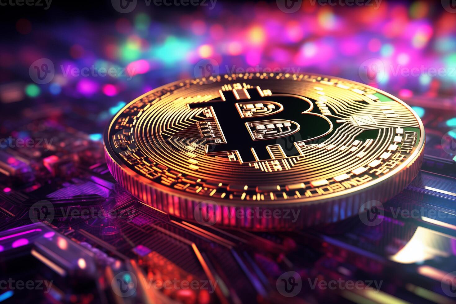 Close-up shot of a golden Bitcoin coin lying on a wavy surface with blurred lights in the background. photo