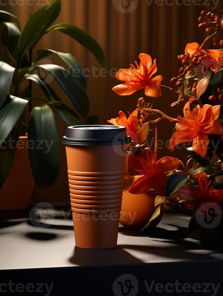 A coffee cup sits on a wooden table next to green plants, creating a cozy and natural setting indoors. photo