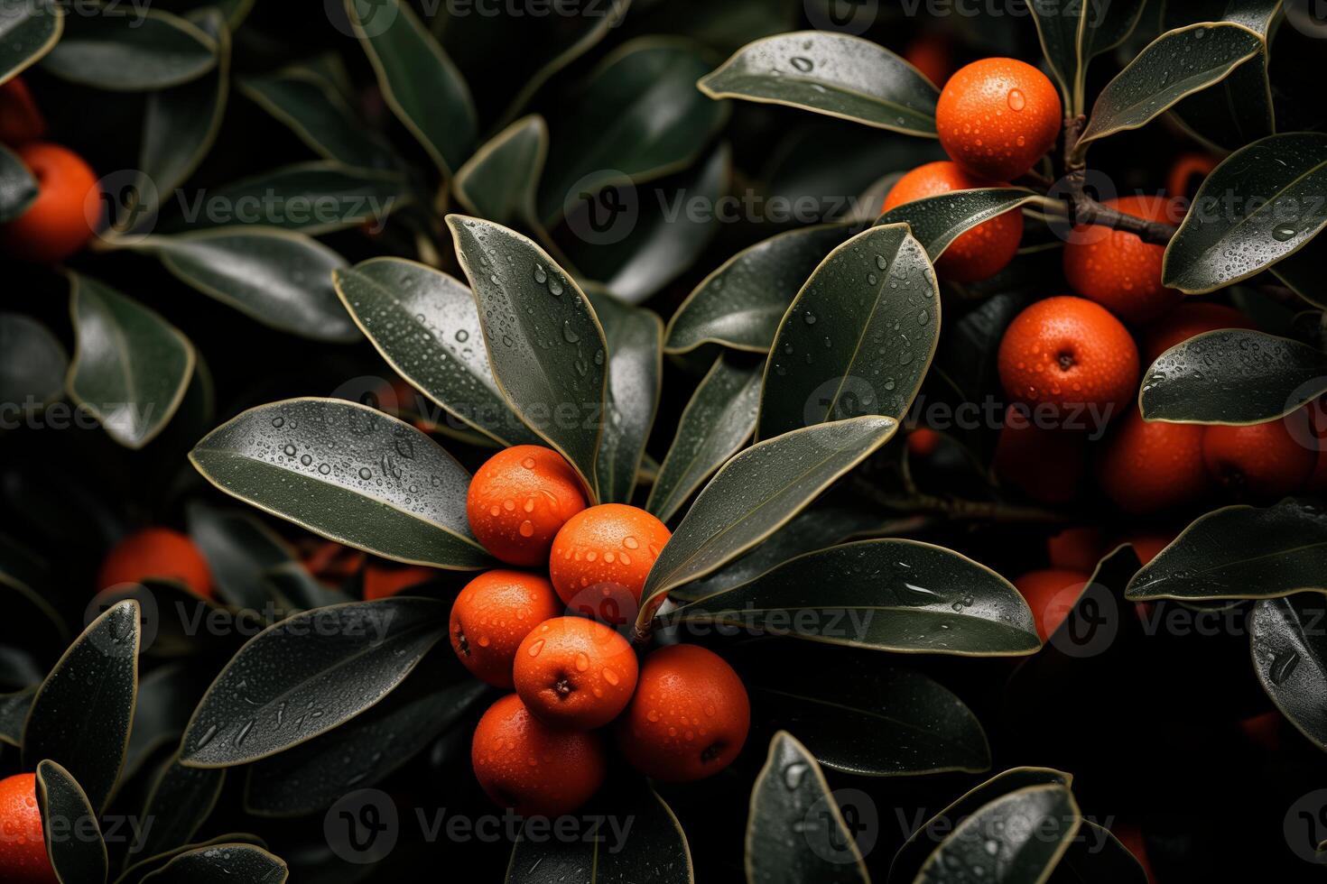 Bunches of ripe orange sea buckthorn berries hang from tree branches, ready to be picked. photo