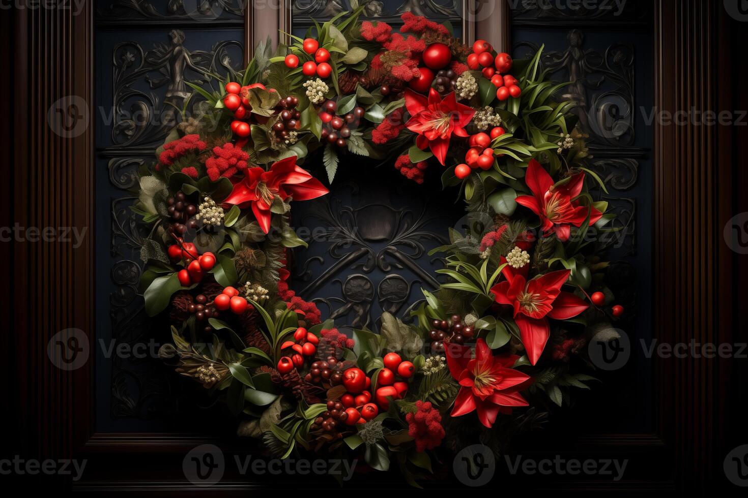 A beautifully crafted holiday wreath featuring a variety of red and white flowers with greenery, against a black background, creating a festive and elegant display. photo