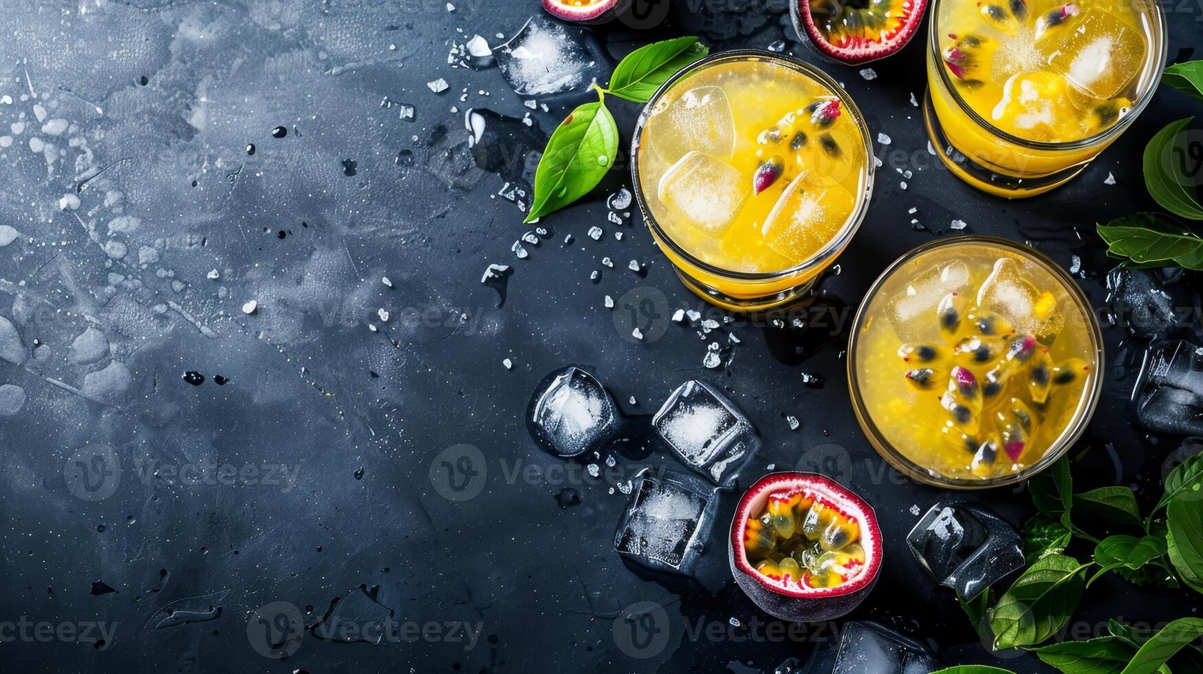 Top view of Margarita cocktails with passion fruit photo