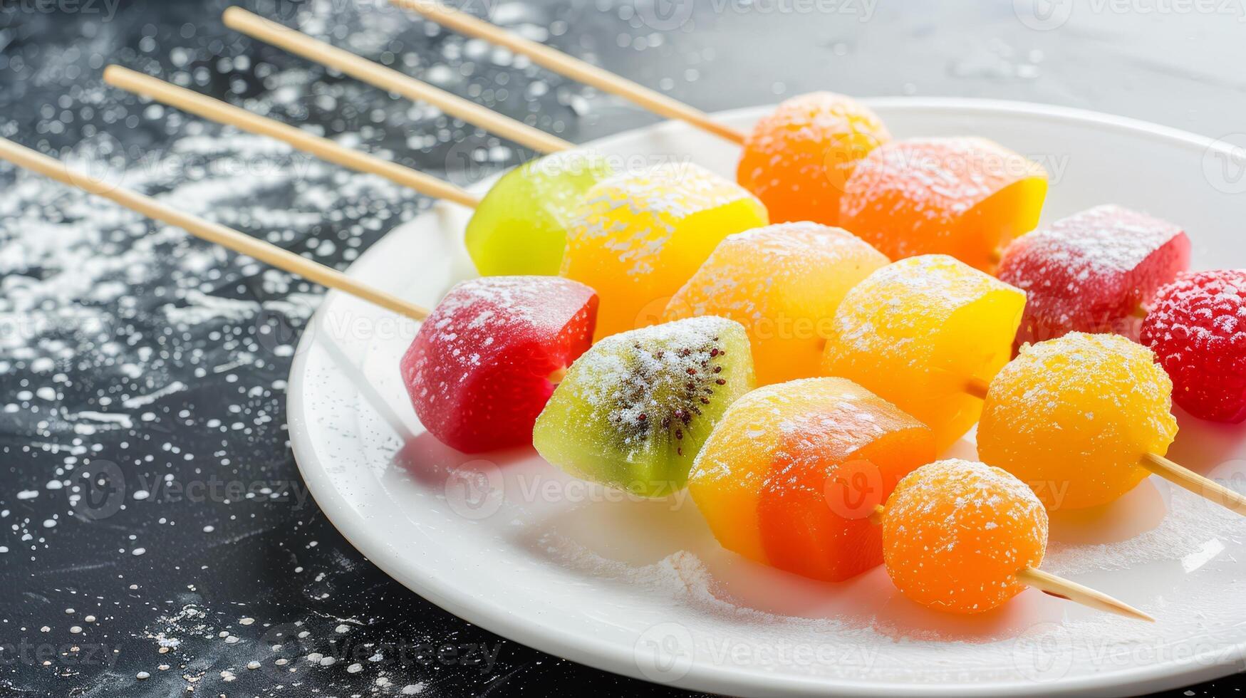 Colorful fruit skewers dusted with powdered sugar photo