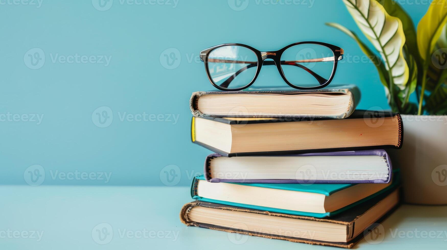 Stack of books with eyeglasses on top, set on blue background with home plant in pot. Perfect study or reading nook ambiance. Good for banner template for booklovers day photo