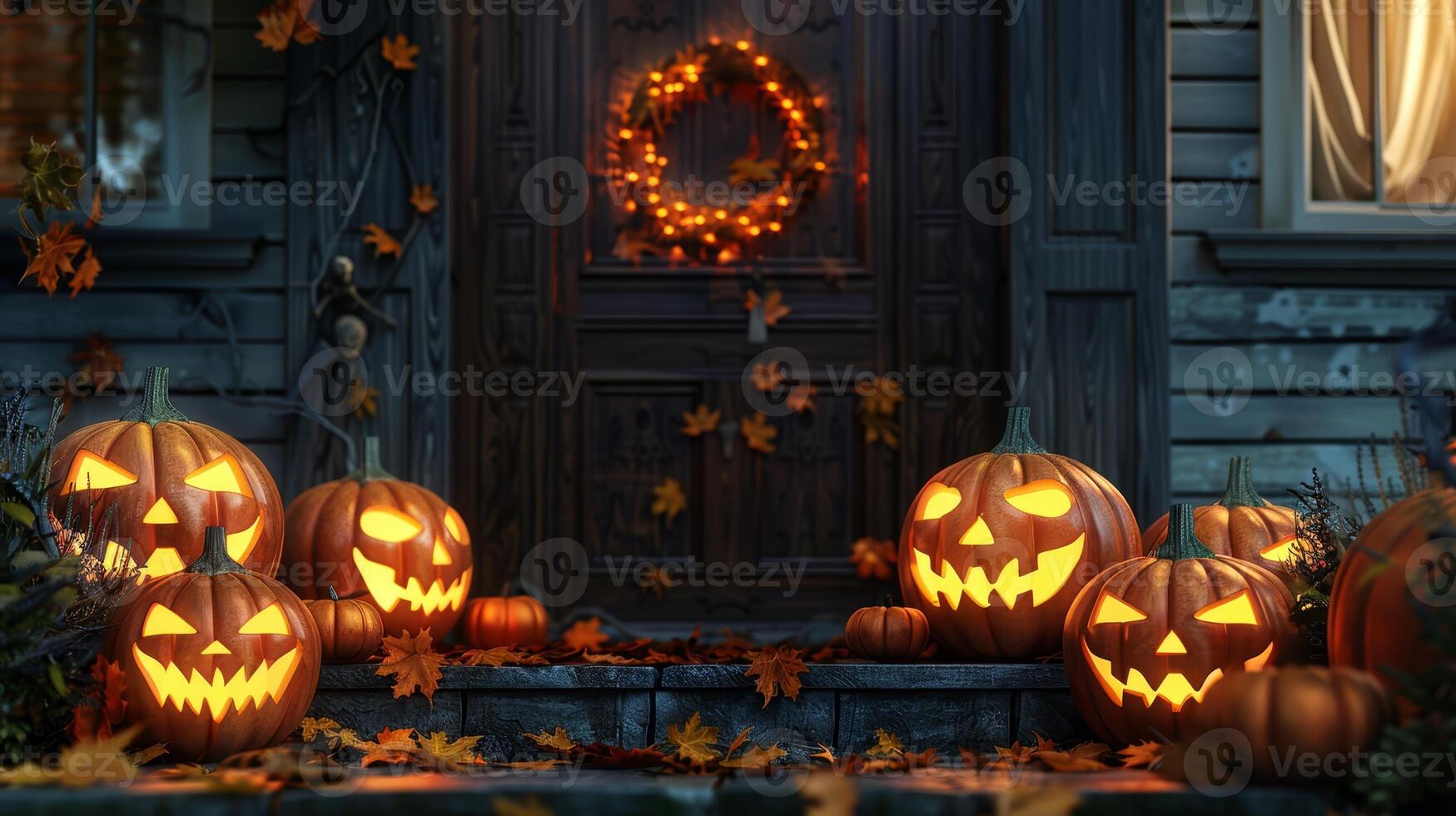 Front door of house decorated with jack o lanterns photo