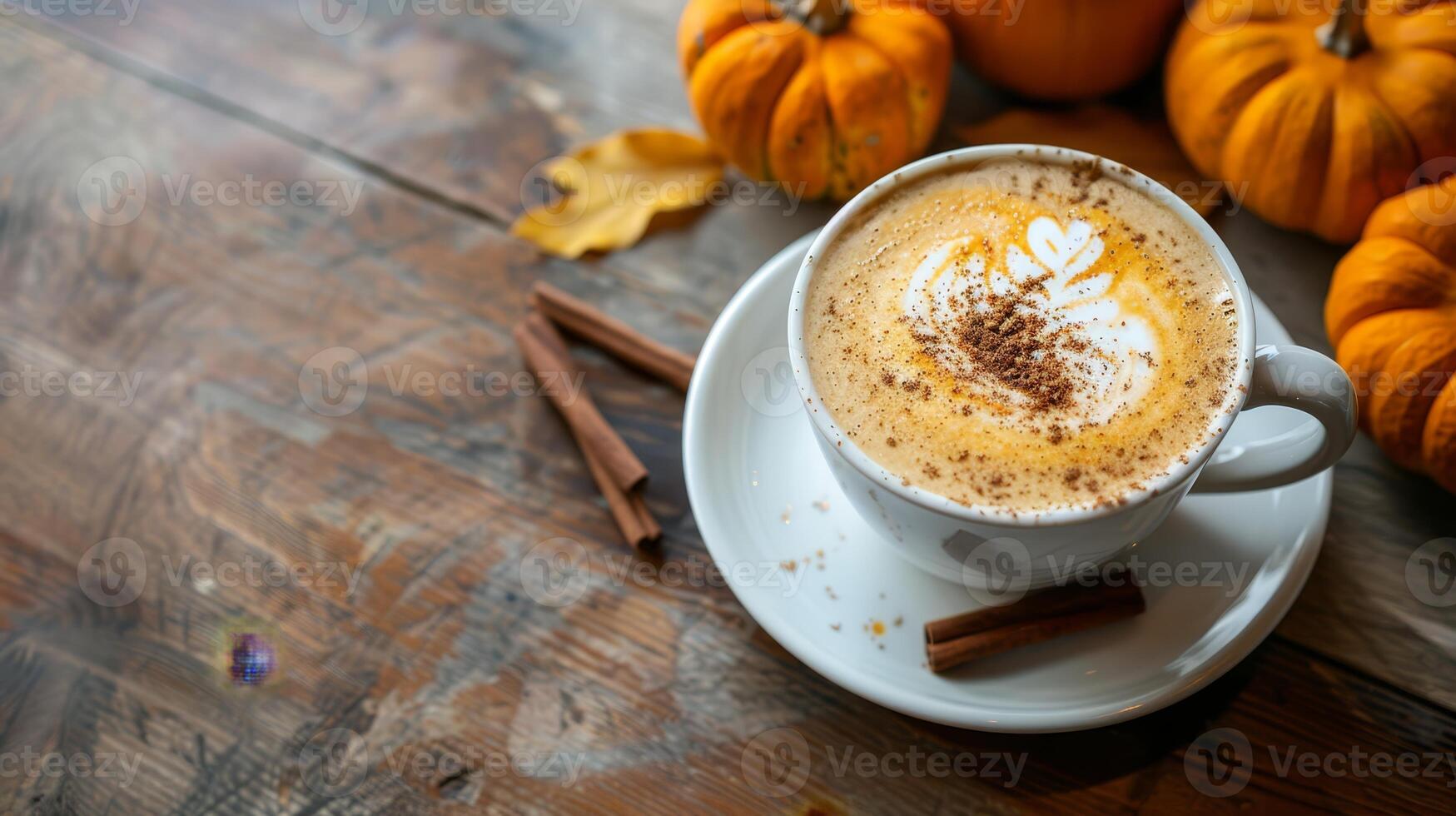 Pumpkin spice latte in a white cup with cinnamon photo