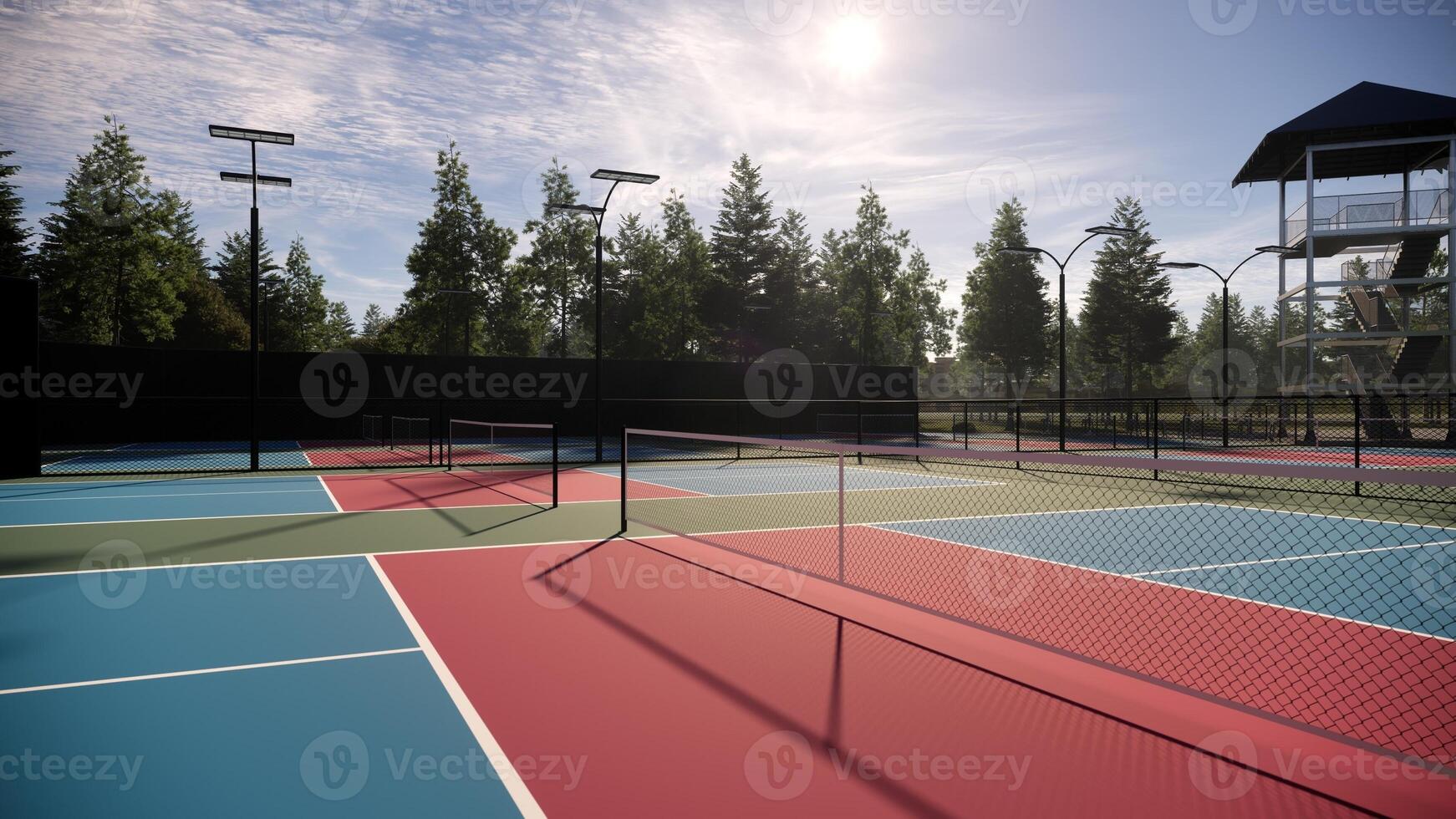 Visualization of unoccupied pickleball courts with a combination of red, blue, and green floors and white lines, surrounded by trees, and featuring lights, fencing, and seating photo