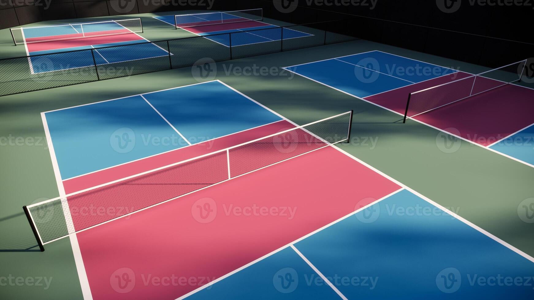 Pickleball courts that are empty, with floors in red, blue, and green colors with white lines, surrounded by trees, and equipped with lights, fencing, and seating photo