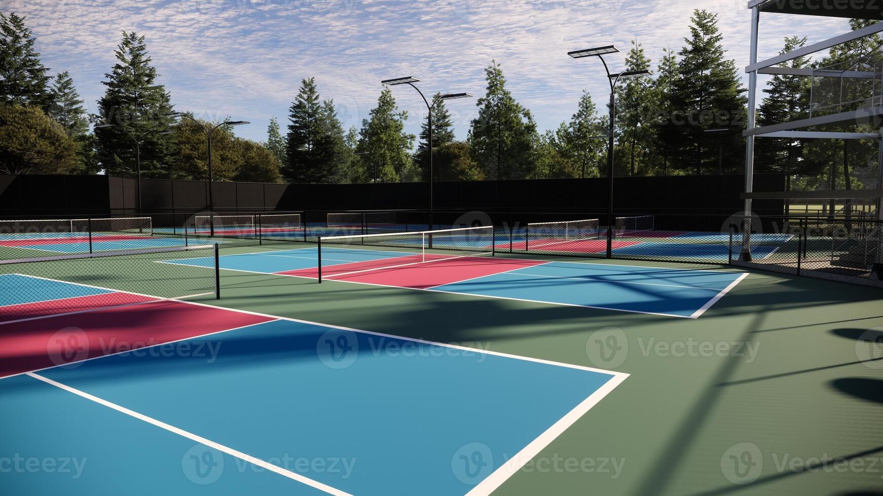 A view of empty pickleball courts featuring red, blue, and green floors with white lines, surrounded by trees, and equipped with lights, fencing, and seating photo