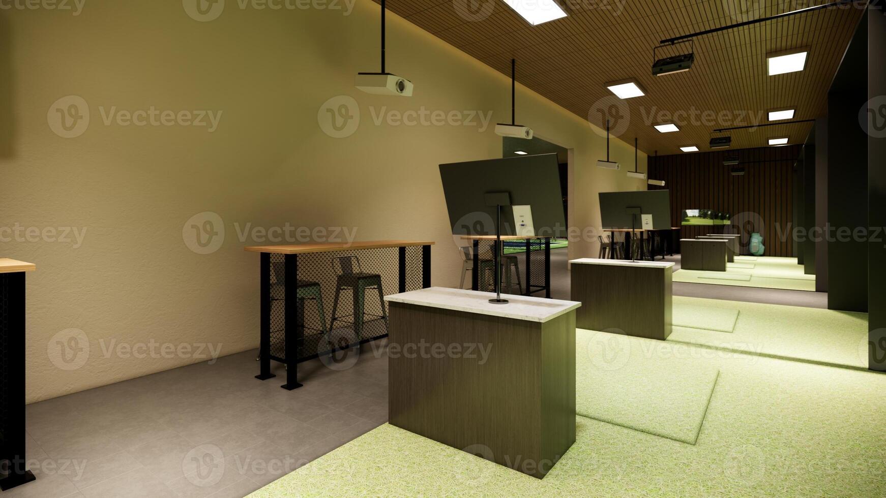 3D visual of an indoor golf simulator with a hitting station, projection screen, and seating area photo