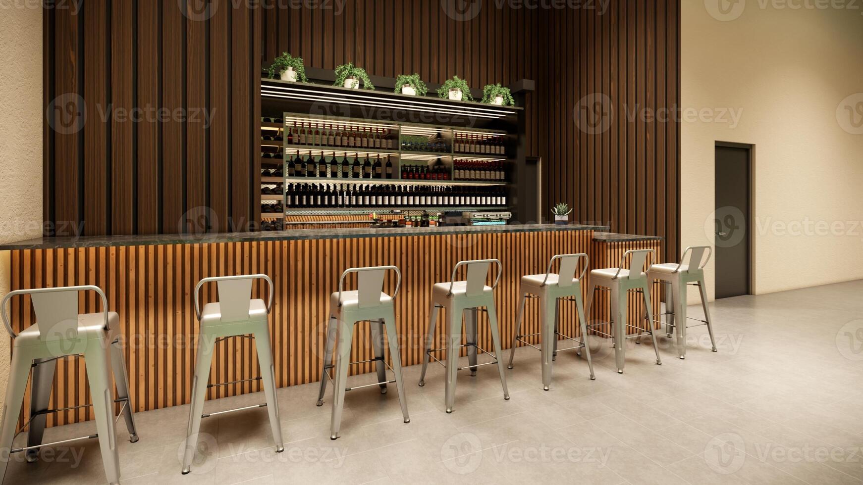 front view wooden bar counter with chairs with a variety of liquor bottles photo