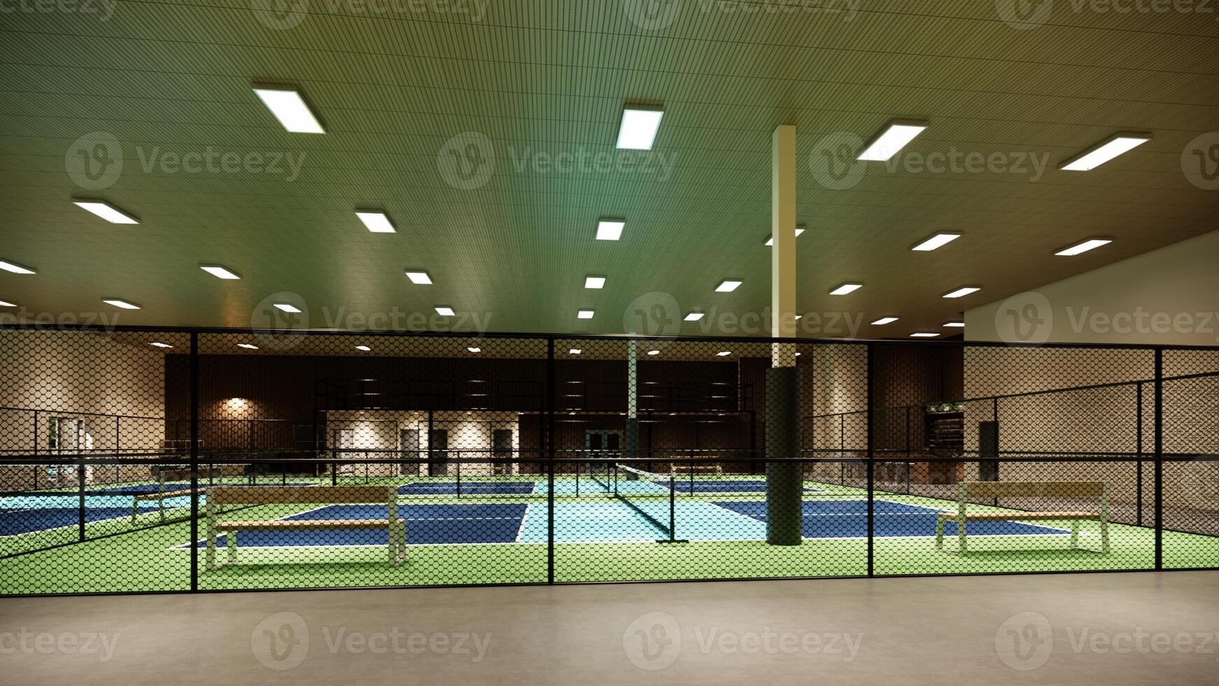 3D render of an indoor pickleball court using blue and green colors for a sports complex photo