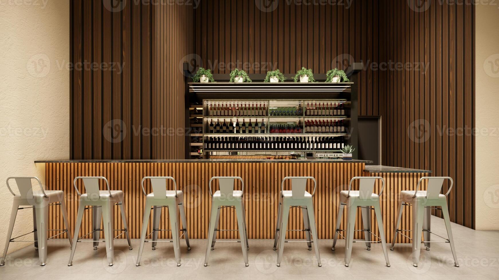 front view wooden bar counter with chairs with a variety of liquor bottles photo