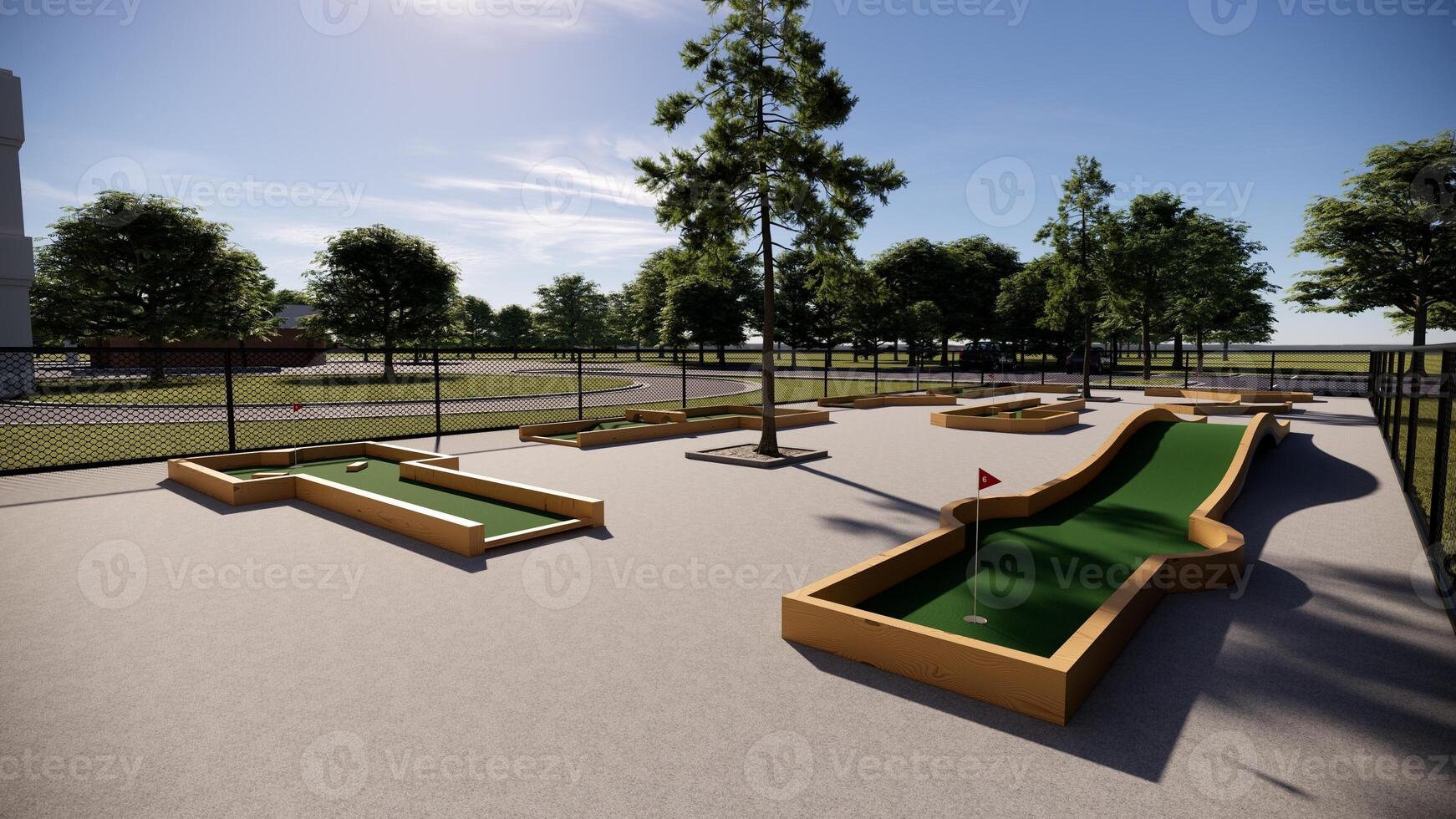 mini golf course with bright green turf, wooden structures, and a landscaped area, all surrounded by fencing photo