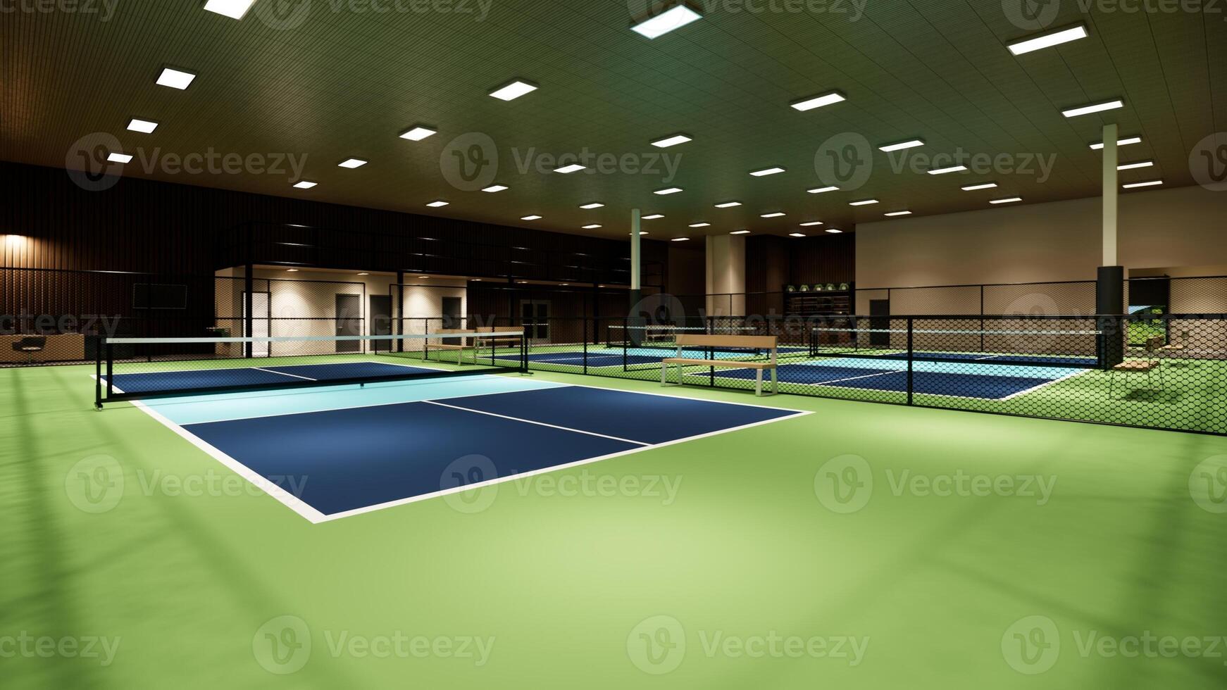 3D render of an indoor pickleball court with blue and green colors to be showcased in a sports complex photo