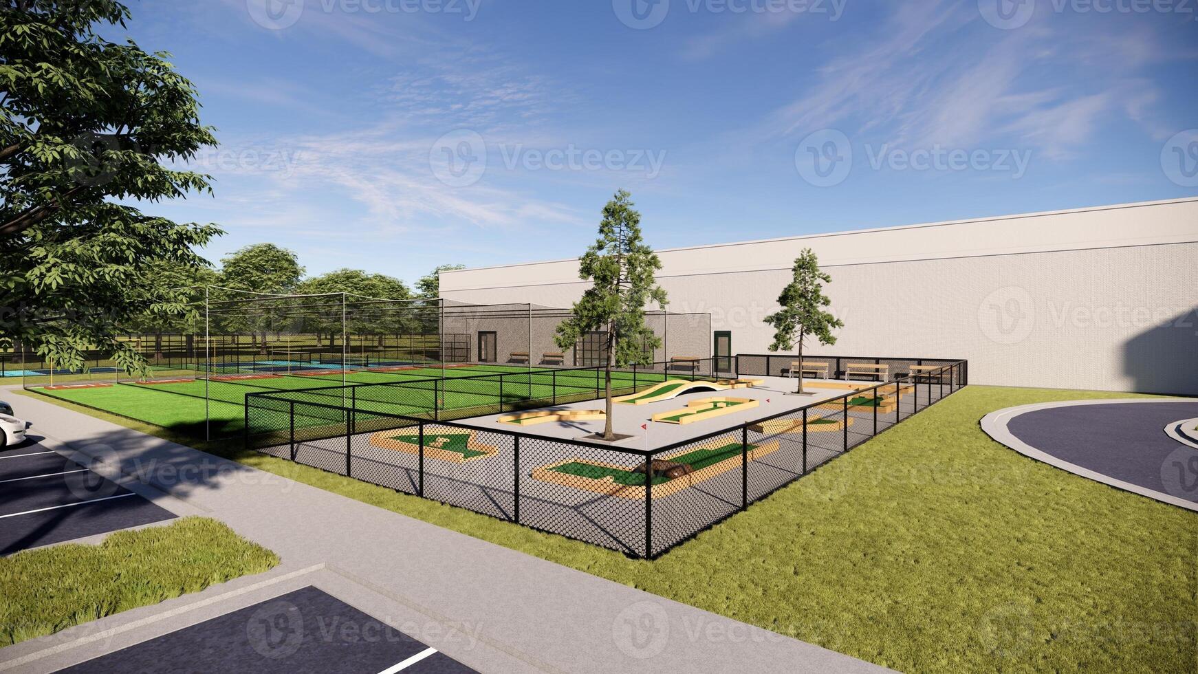 A vibrant green mini golf course with wooden features and a creatively landscaped area surrounded by a fence photo