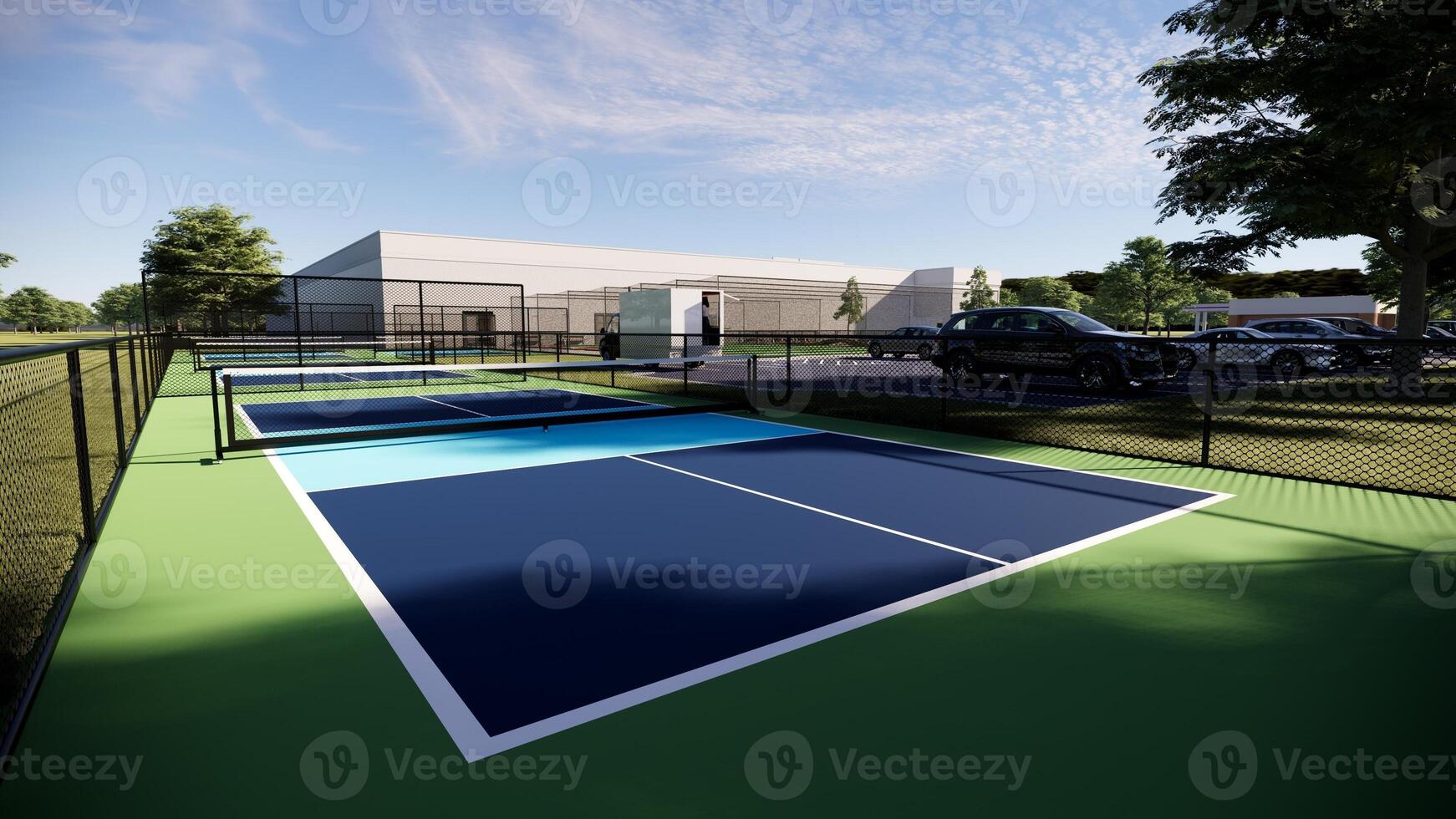 3D rendering of a pickleball court with a blue playing surface and a green colored background on the sides and baselines photo