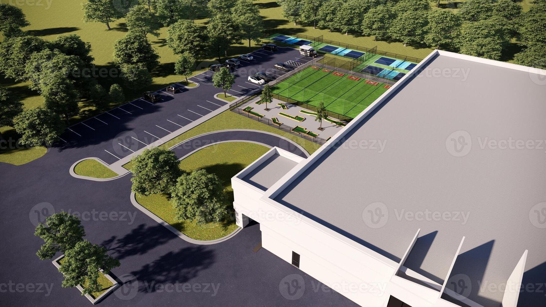 3d render aerial view of a sports complex. There are also tennis courts, baseball batting cage, mini golf and parking area. The complex is surrounded with tree photo