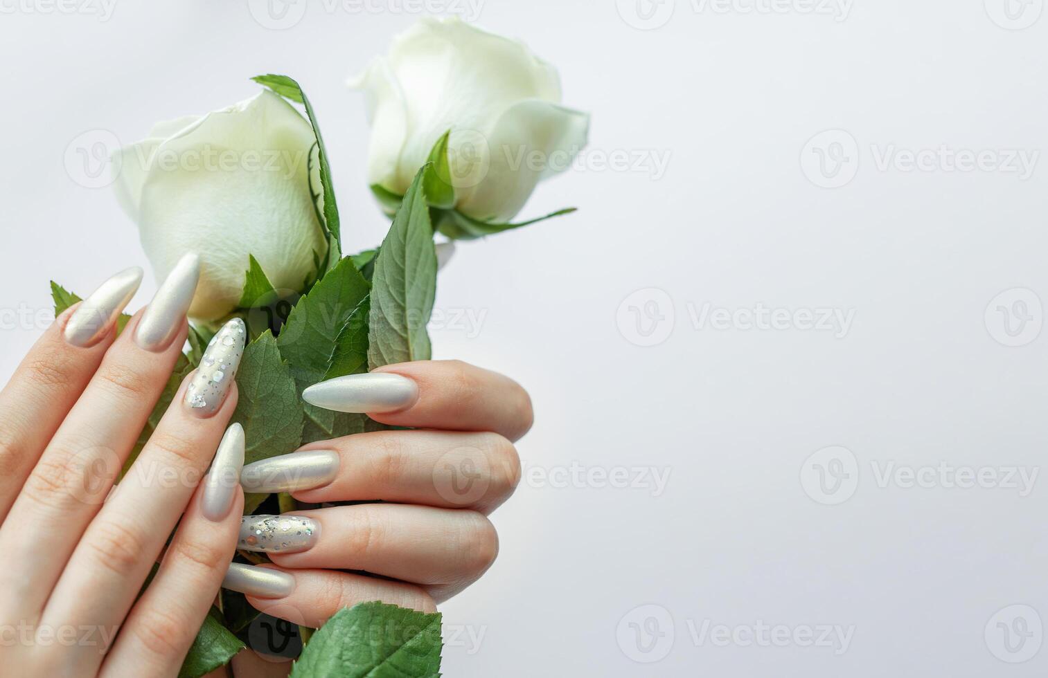 Female Hands on a white background with beautiful pearl manicure and white roses photo