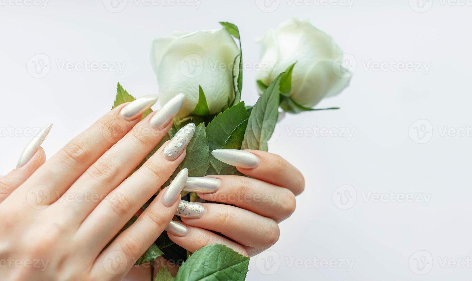 Female Hands on a white background with beautiful pearl manicure and white roses photo