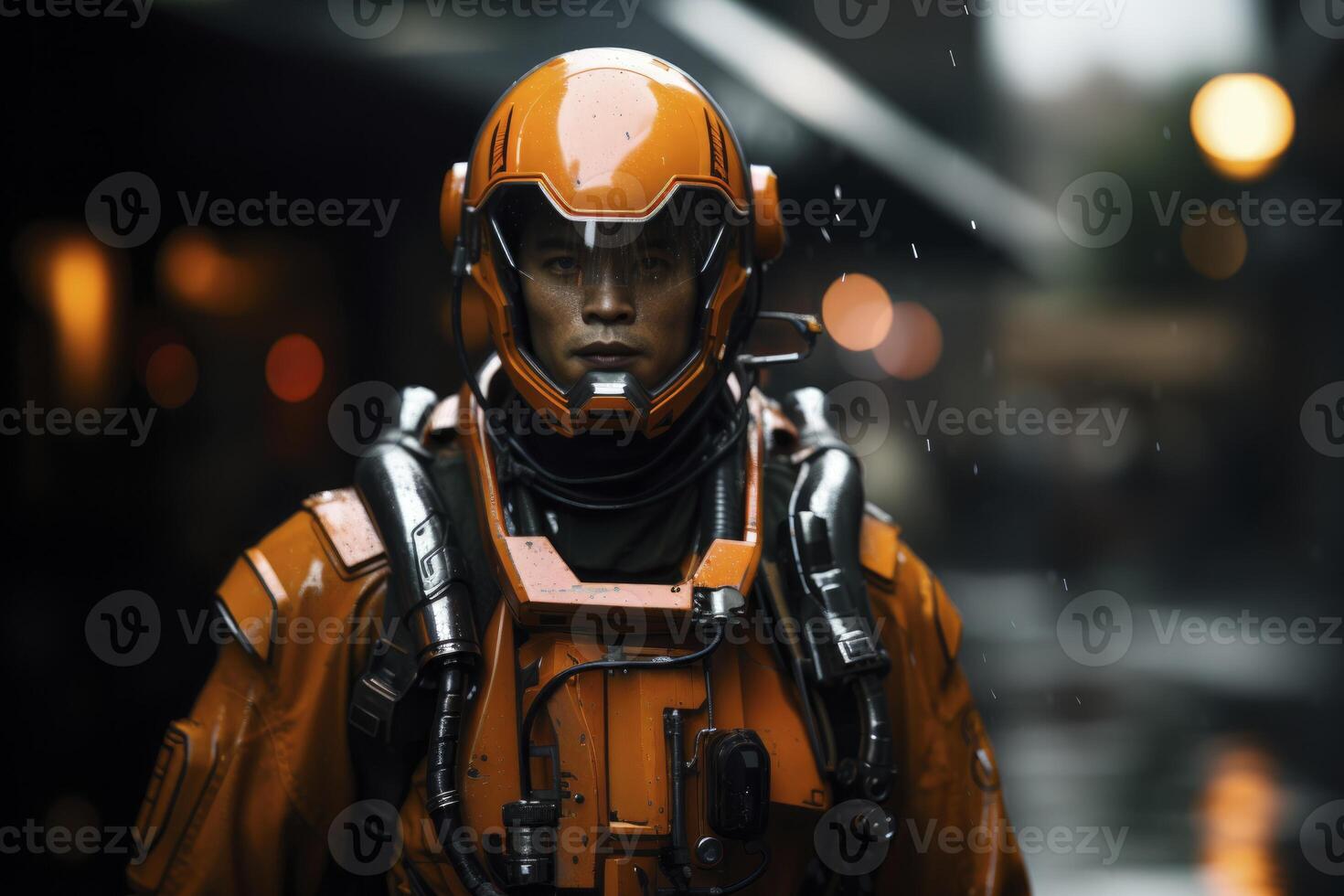 Futuristic Vision in Robotic Armor. AI-generated photo