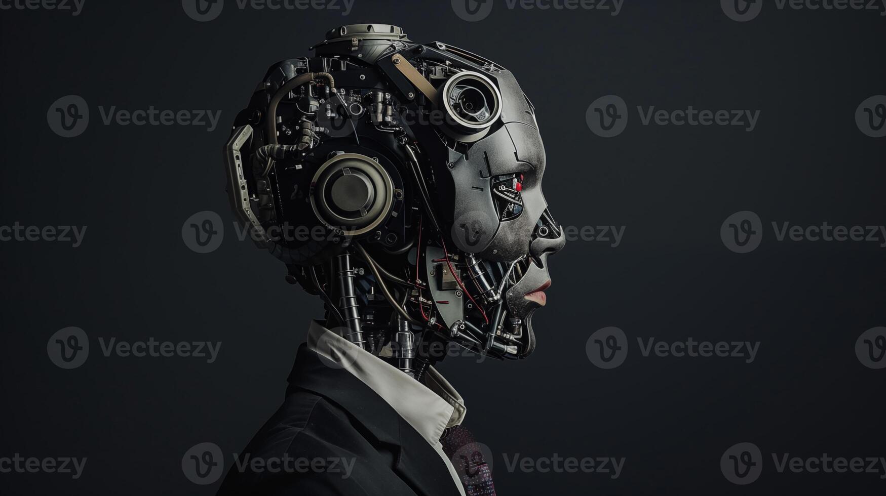 a robot with the head of a humanoid robot wearing a business suit photo