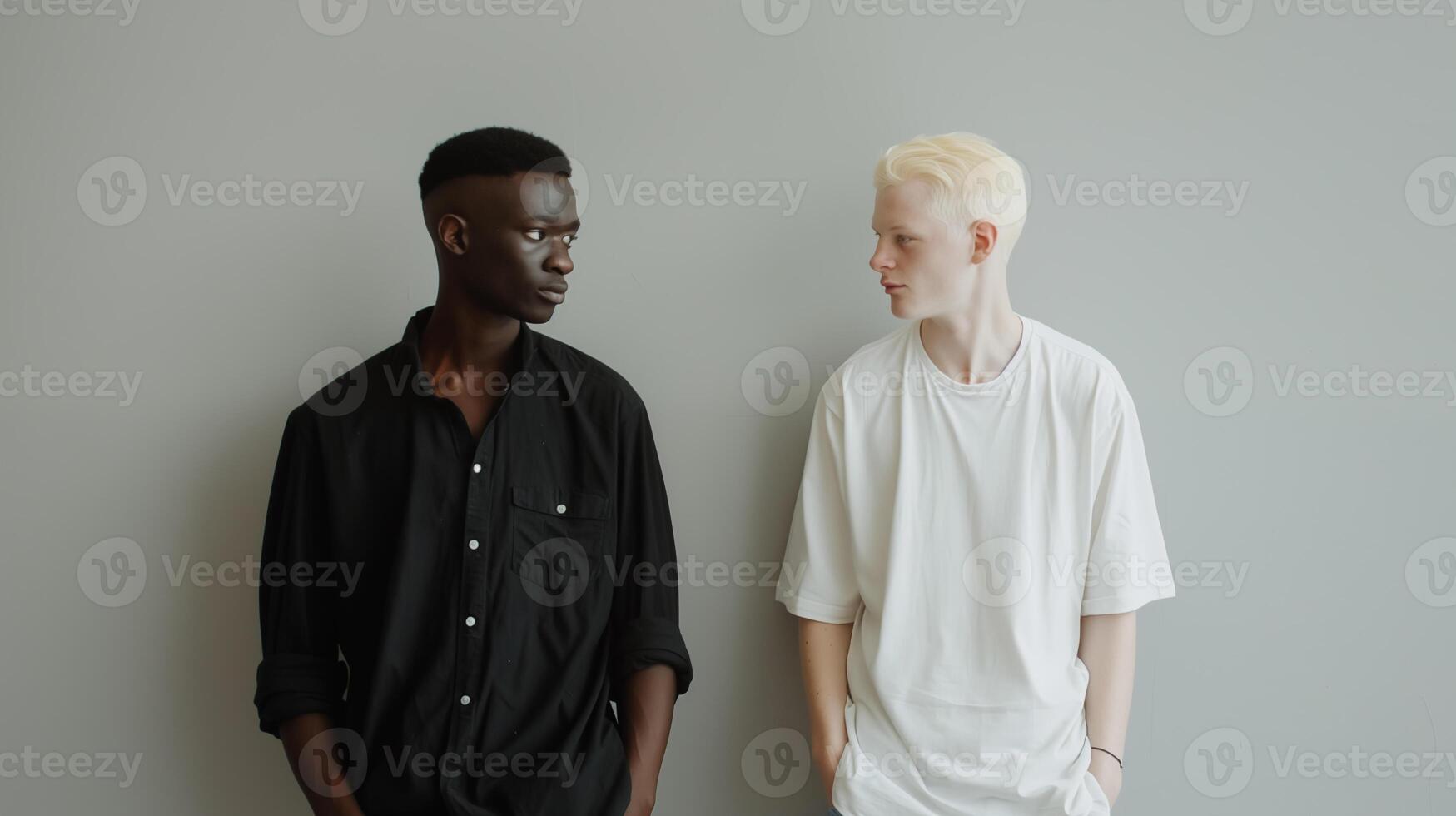 two men stand in front of a gray wall, an albino man and a dark-skinned man photo
