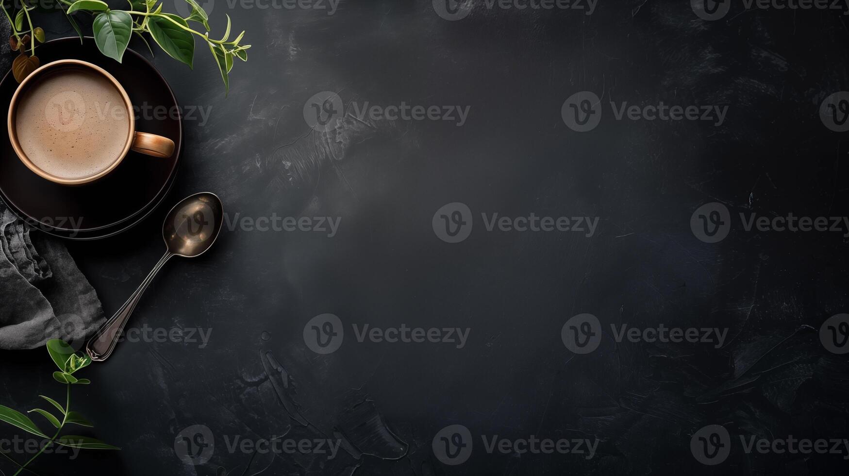 coffee cup and teaspoon with a branch of greenery in the upper left corner on a dark background photo