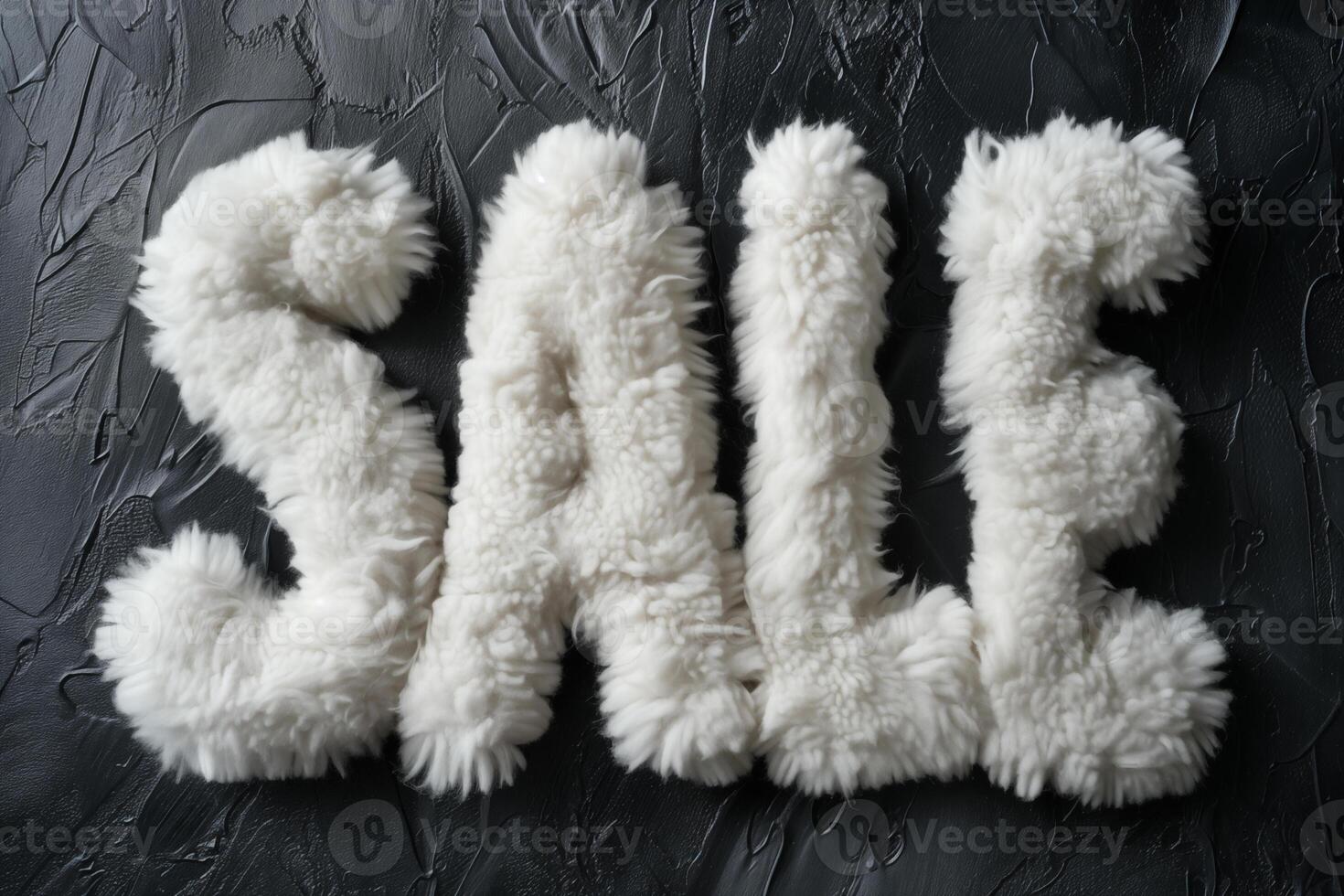 Letters SALE crafted in fine fluffy plush texture white color on a dark background photo