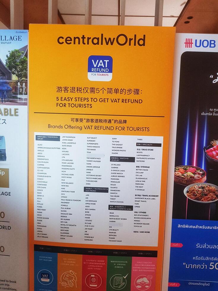 Bangkok, Thailand on July 9 2023. An information board at Bangkok's centralworld mall regarding 5 easy steps to get VAT Refund for tourists photo