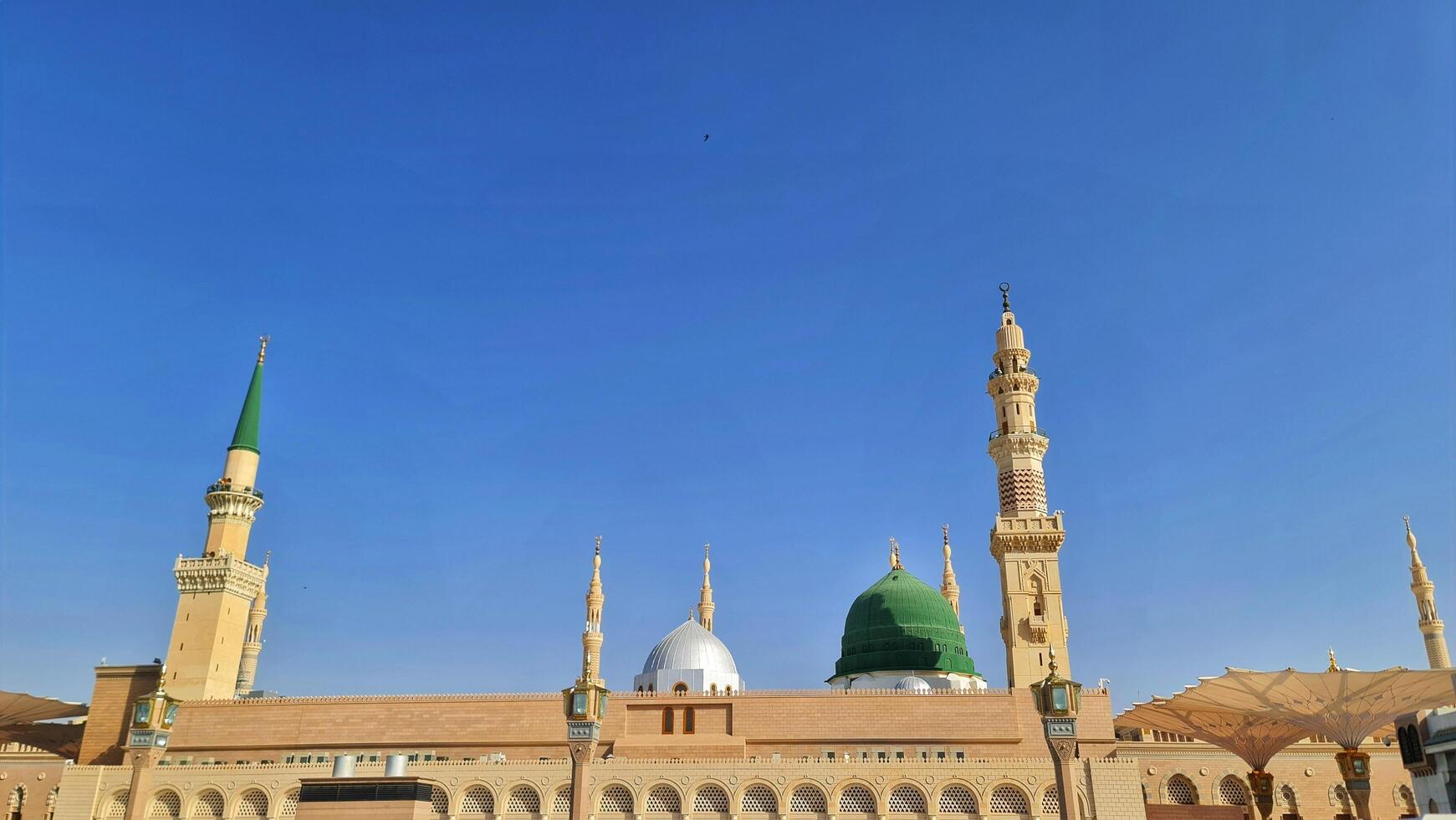 Medina, Saudi Arabia on March 1, 2024. Male and female Umrah pilgrims taking photos and walking in front of the tomb of the Prophet Muhammad at the Nabawi Mosque.