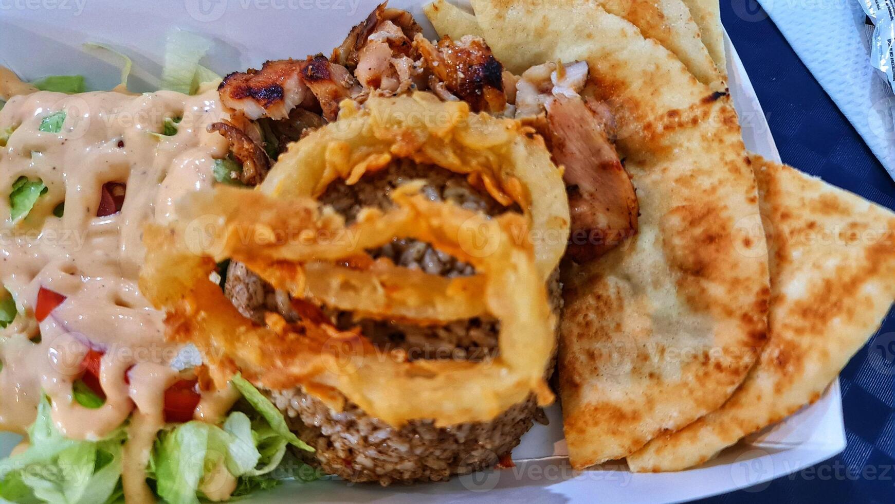The food was bought from Doner Kebab, which contained briyani rice, roti canai, photo