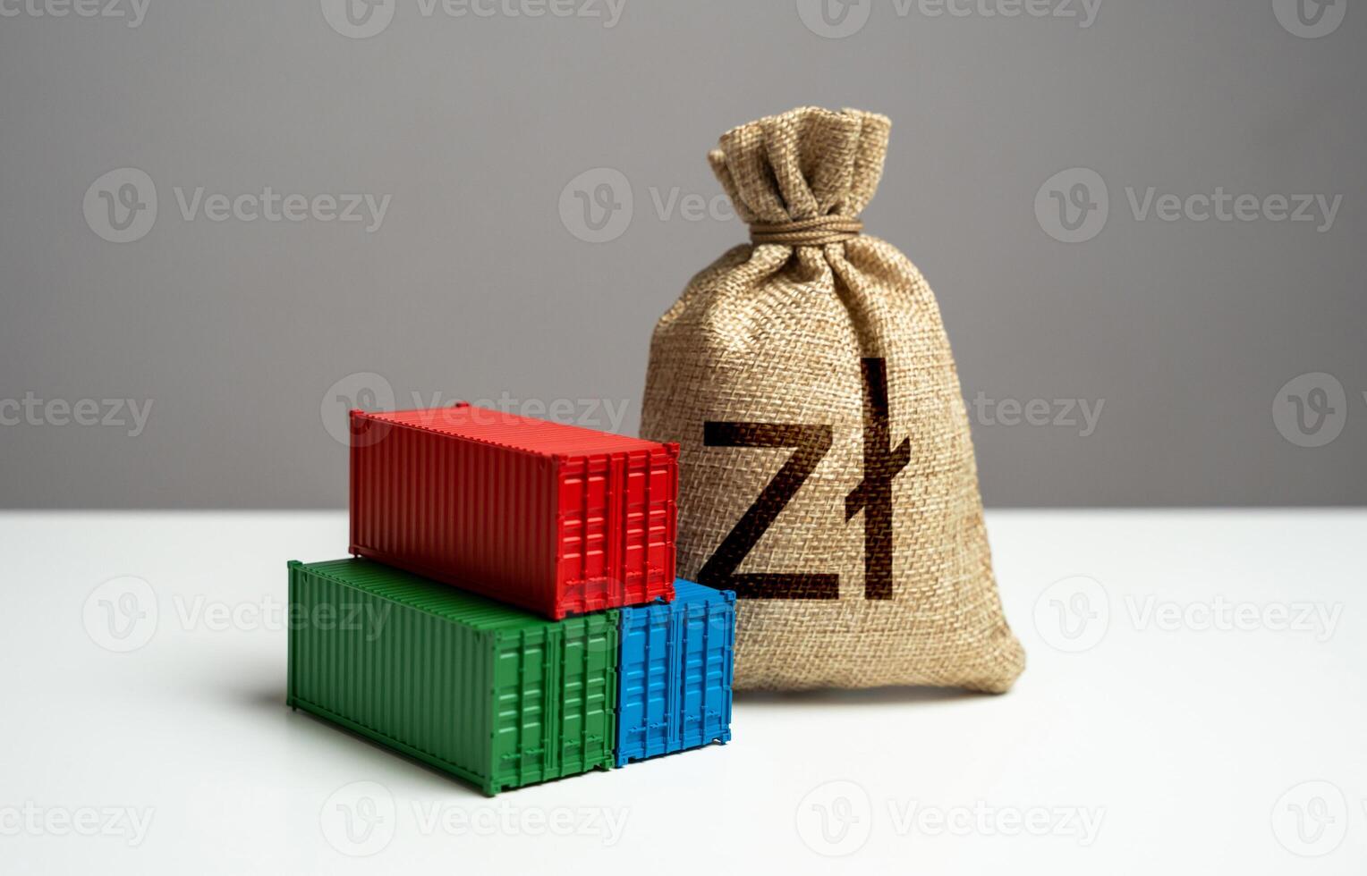 Stack of shipping containers and polish zloty money bag. Import or export. Production of containers. Tariffs and tax collections. GDP and production. Trade, economics and transport industry. photo