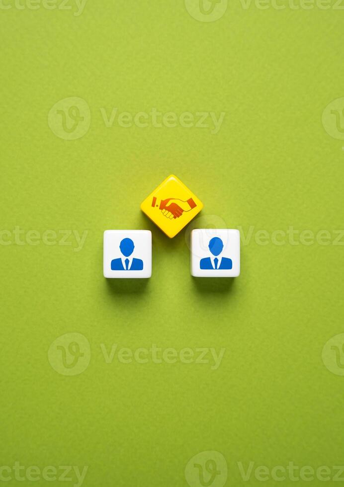 Reach an agreement. Sign the contract. Come to a consensus. Cooperation instead of competition. Negotiate as equal parties. Go down to resolving the dispute photo