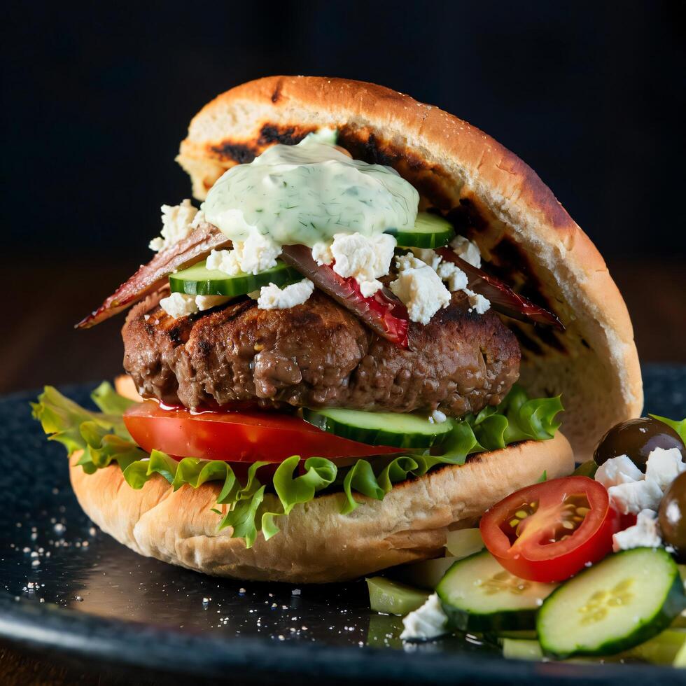 Close-up of burger on table, Beef burger with cheese, tomatoes, red onions, cucumber and lettuce photo