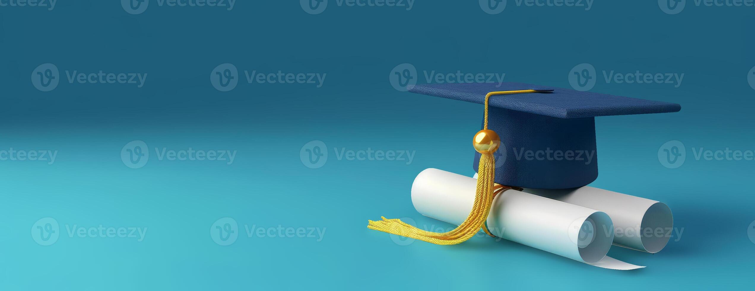High-angle 3D rendering, graduation cap and diploma with golden tassel, vivid blue backdrop, clear and defined, realistic textures, perfect for celebratory themes, spacious layout photo