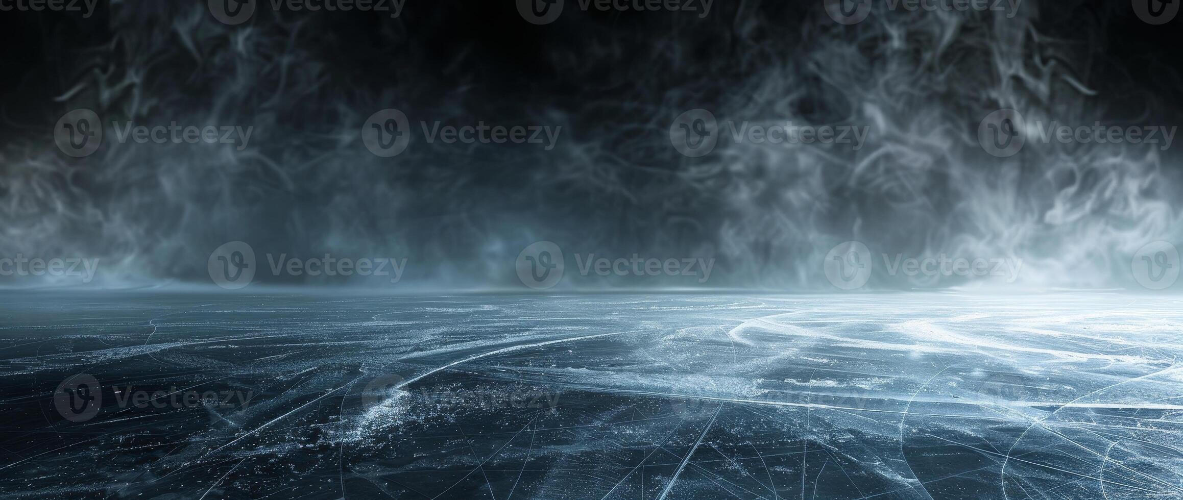 ice rink background with smoke, dark background, empty space for product presentation photo