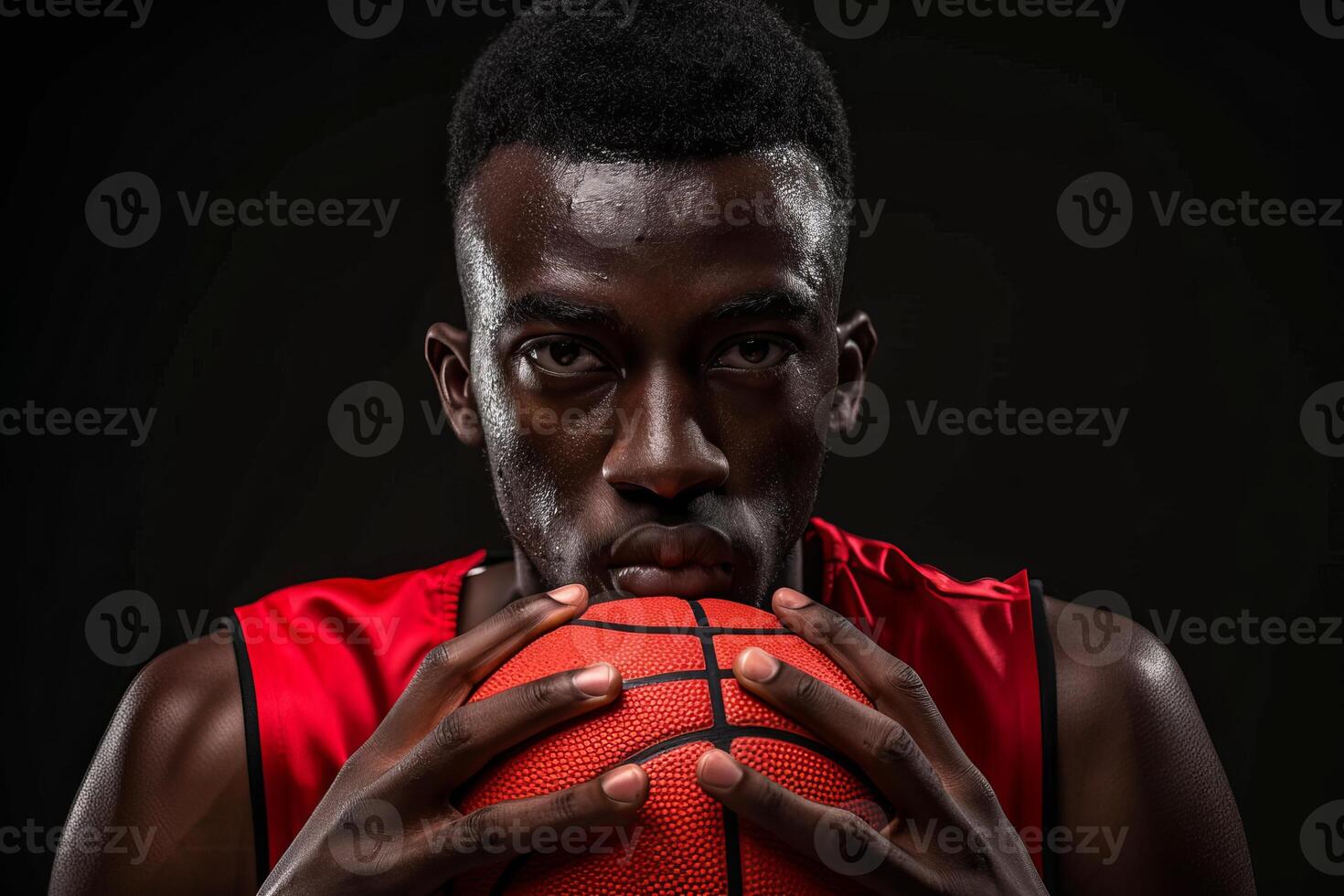 Focused basketball player in red jersey holding a ball. Intense look, ready for game on black background. photo