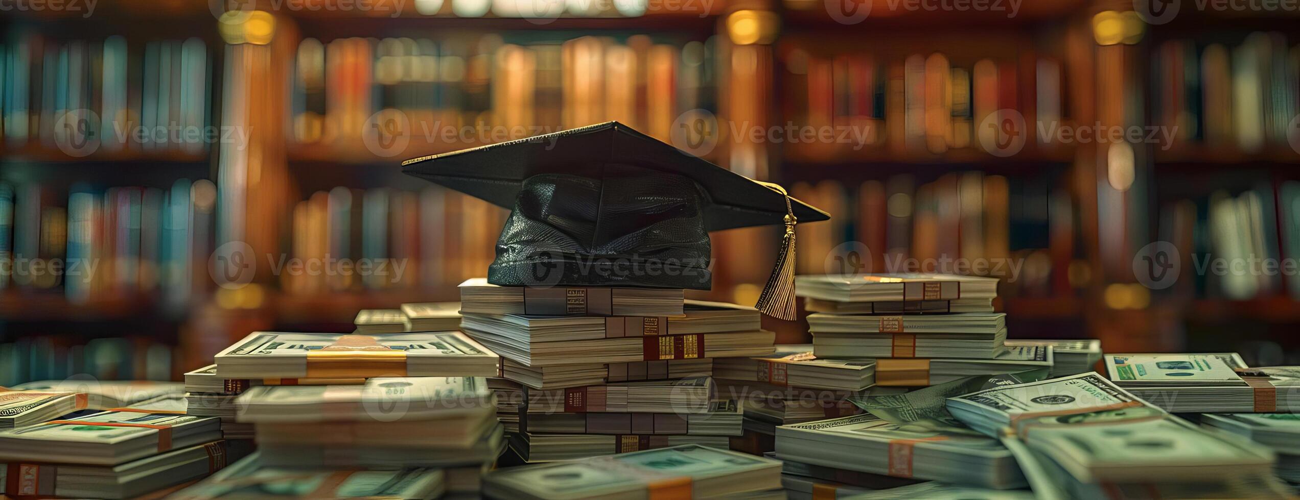 Frontal view of a graduation cap resting atop a neatly arranged pile of money, background softly blurred with hints of a library setting, CG 3D rendering, ultra-realistic textures photo