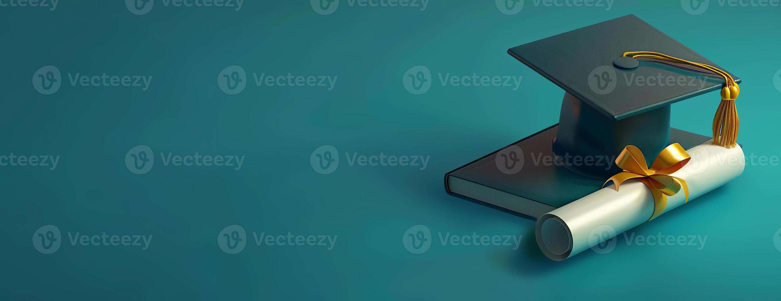 High-angle 3D rendering, graduation cap and diploma with golden tassel, vivid blue backdrop, clear and defined, realistic textures, perfect for celebratory themes, spacious layout photo